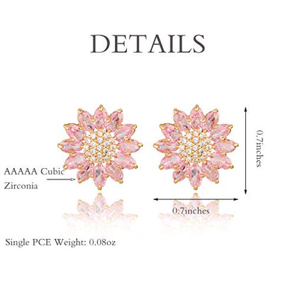 Crystal Flower Burst Stud Earirings - Big Sterling Silver CZ Cubic Zirconia Rhinestone Daisy Sunflower Floral Cluster Studs Bridal Wedding Party Prom Costume Jewelry for Bride Bridesmaids Women Birthstone Birthday Gift - color: Pink