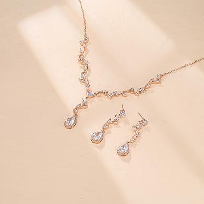 Crysdue Women's Wedding Bridal Jewelry Set for Brides Bridesmaids Cubic Zirconia Flower Leaf Vine Necklace Dangle Earrings for Prom Party - style: 5-gold