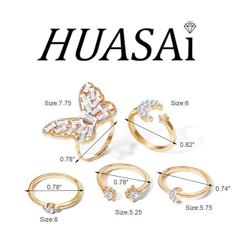 HUASAI Gold Stackable Rings Set for Women Boho Dainty Moon Star Pearl Leaf Cubic Zirconia Heart Midi Pinky Trendy Jewelry Birthday Gifts - color: Y Gold Butterfly Rings 5 Pcs