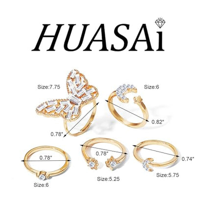 HUASAI Gold Stackable Rings Set for Women Boho Dainty Moon Star Pearl Leaf Cubic Zirconia Heart Midi Pinky Trendy Jewelry Birthday Gifts - color: Y Gold Butterfly Rings 5 Pcs