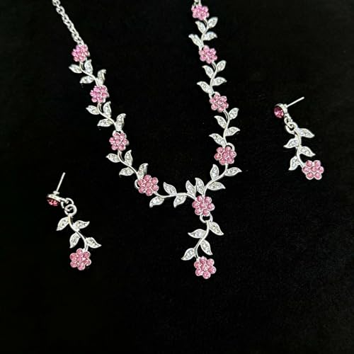 Kamirola Tiaras and Crowns for Women,Tiaras Earrings Necklace, Crystal Bridal Jewelry Set (TR48) - color: Pink Silver