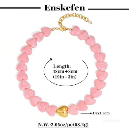 Chunky Beaded Necklace for Women Trendy Multicolor Resin Beads Choker Necklaces Boho Summer Statement Necklace Chunky Heart Jewelry - color: Heart necklace-pink