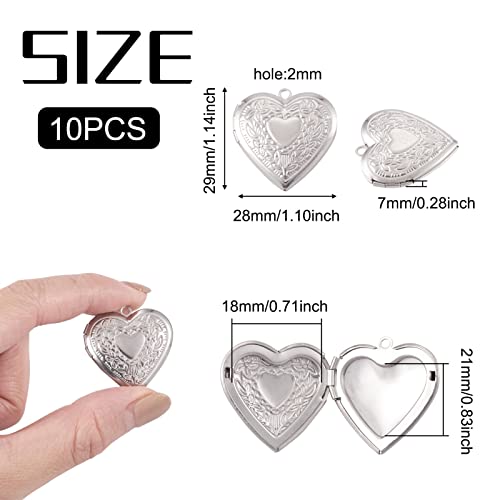 10Pcs 316 Stainless Steel Photo Locket Pendants Heart Carved Pattern Photo Frame Charms Silver Locket Charms for Necklaces DIY Memorial Necklace Making - color: Heart Carved Pattern