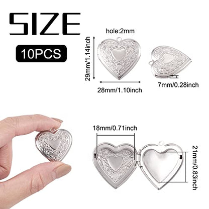 10Pcs 316 Stainless Steel Photo Locket Pendants Heart Carved Pattern Photo Frame Charms Silver Locket Charms for Necklaces DIY Memorial Necklace Making - color: Heart Carved Pattern