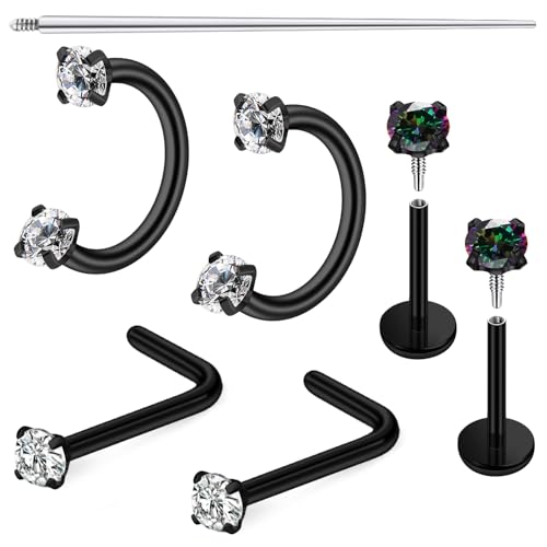 Horseshoe Nose Ring 18G Internally Threaded Nose Rings Hoops Surgical Steel Half Double Cubic Zirconia Nostril Studs Lip Eyebrow Helix Daith Ear Piercing Jewelry For Women - color: black