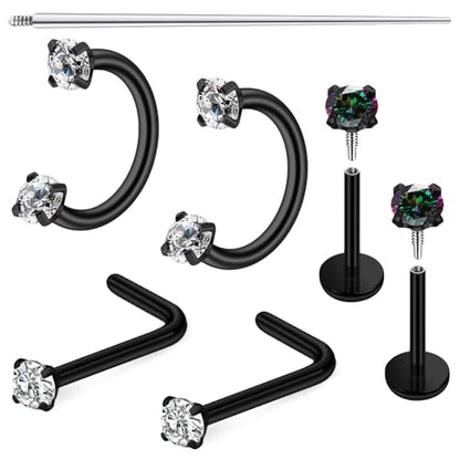Horseshoe Nose Ring 18G Internally Threaded Nose Rings Hoops Surgical Steel Half Double Cubic Zirconia Nostril Studs Lip Eyebrow Helix Daith Ear Piercing Jewelry For Women - color: black