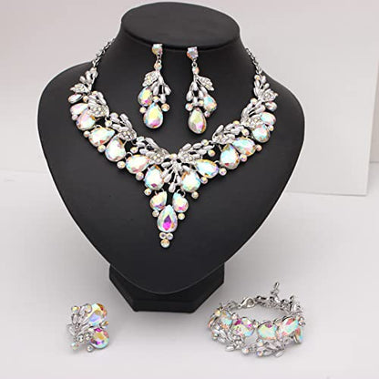 Jewelry Set for Women, Statement Necklace Dangle Earrings Bracelet Ring, White/KC Gold Plated Jewelry Set with Rhinestone Pearl Crystal Wedding Party Jewelry for Bridal Bridesmaid - color: AB Crystal-Platinum Plated