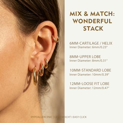 4 Pairs Small Gold Silver Huggie Hoop Earrings for Women Surgical Steel Set | 14K Gold Plated 316L Stainless Steel, 6/8/10/12 mm, Hypoallergenic, Lightweight, Mini Jewelry - color: Gold/4 Pairs