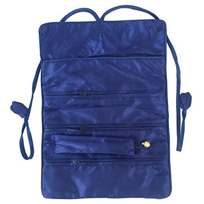Travel Jewelry Roll Bag - Silk Embroidered Brocade Pouch for Rings, Necklaces, Earrings, Bracelets | Lightweight & Tie Closure (Navy Blue) - color: Navy Blue