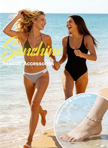 Waterproof Anklet 18K Gold/Sterlings Silver Plated Stainless Steel Ankle Bracelets for Women Figaro Pearls Chain Summer Beach Foot Jewelry 8.5+2Inches - color: Pearl with beaded,Gold