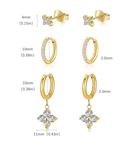 Surgical Steel Small Stud Clover Drop Dangle Huggie Hoop CZ Stud Earrings - color: A-GOLD
