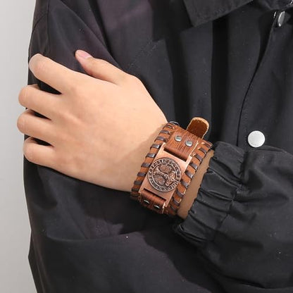 GelConnie Viking Bracelet Punk Leather Cuff Bracelet Gothic Leather Wristband Bracelet with Nordic Amulet Scandinavian Talisman Celtic Pagan Jewelry - color: MLPB082-Silver
