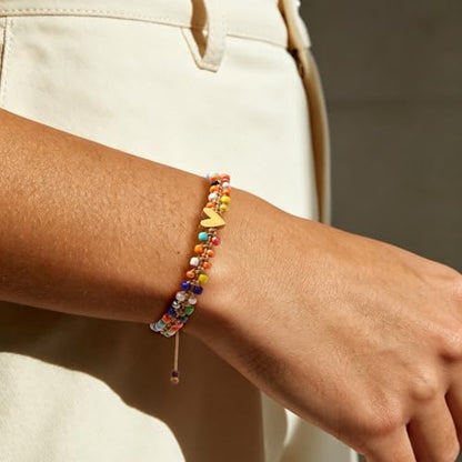 Beaded Bracelet for Women, Double Layer Colorful Seed Bead Bracelet with Heart Charm, Handmade Boho Stackable Bracelet, Adjustable Friendship Jewelry Gift for Women