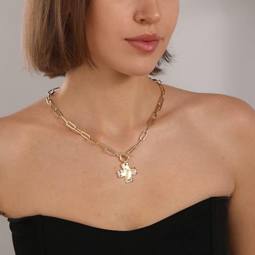 Bheop Chunky Cross Necklace for Women, 14K Gold Silver Statement Necklace | Sturdy Paperclip Chain, Hammered Pendant, Vintage Charm, Trendy Costume Jewelry, Faith Christian Religious Gift, Non Tarnish - style: GD-Toggle Necklace（1 inch Pendant)
