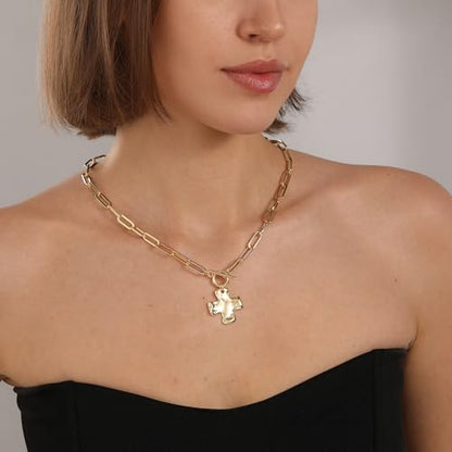 Bheop Chunky Cross Necklace for Women, 14K Gold Silver Statement Necklace | Sturdy Paperclip Chain, Hammered Pendant, Vintage Charm, Trendy Costume Jewelry, Faith Christian Religious Gift, Non Tarnish - style: GD-Toggle Necklace（1 inch Pendant)