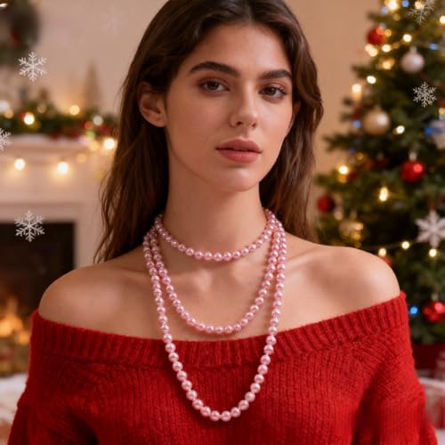 Pearl Necklaces for Women 60'' 70" Long Pearl Necklace 15.75'' Pearl Choker Necklace Chunky Bead Layered Faux Pearl Dangle Wedding Bridal 1920s Gatsby Christmas Costume Jewelry Gifts - color: Pink-60“