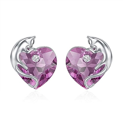 AOBOCO 925 Sterling Silver Cute Cat Studs Earrings for Women | Heart Crystals from Austira Cats Jewelry Gifts for Cat Lovers - color: Amethyst Purple