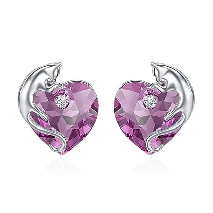 AOBOCO 925 Sterling Silver Cute Cat Studs Earrings for Women | Heart Crystals from Austira Cats Jewelry Gifts for Cat Lovers - color: Amethyst Purple