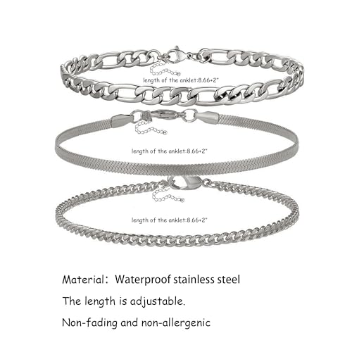 Silver Ankle Bracelets for Women Waterproof Stainless Steel Anklet Adjustable Layered Cuban Silver Anklets Set Summer Beach Foot Jewelry Gift - color: Style A Silver
