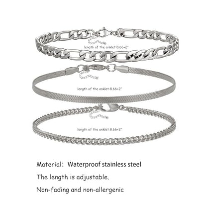Silver Ankle Bracelets for Women Waterproof Stainless Steel Anklet Adjustable Layered Cuban Silver Anklets Set Summer Beach Foot Jewelry Gift - color: Style A Silver