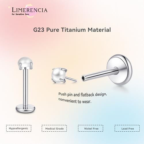limerencia Titanium Threadless Flat Back Earrings Stud Piercing Jewelry | 20G Press Fit Titanium Push Pop in Cartilage Tragus Labret Lip Medusa Conch Piercing Jewelry Hypoallergenic for Women Men - style: Pearl Silver