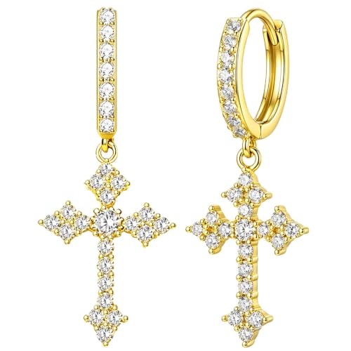 NEWITIN CZ Cross Earrings for Men Women 14K Gold Plated Huggie Hoop Earring | Hypoallergenic, 5A+ Cubic Zirconia, Cartilage Earring, Sensitive Ears, Silver Gold, Men Hoops Dangling, Cross Diamond Earring - color: Gold A