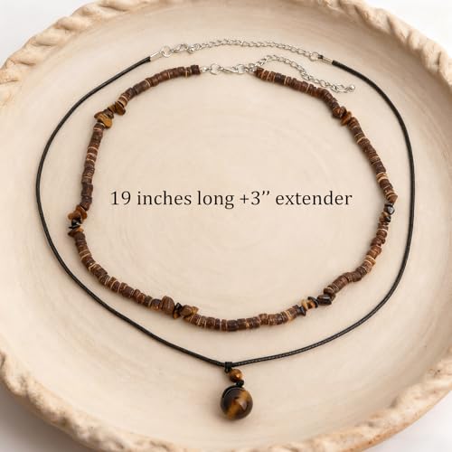 Tiger Eye Brown Wooden Beaded Layered Pendant Necklace for Women Men, Healing Crystal Natural Stone Blessing Women Necklaces Protection Fashion Jewelry Gift - color: Brown