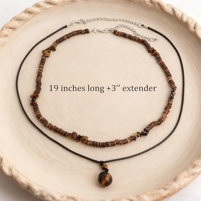 Tiger Eye Brown Wooden Beaded Layered Pendant Necklace for Women Men, Healing Crystal Natural Stone Blessing Women Necklaces Protection Fashion Jewelry Gift - color: Brown