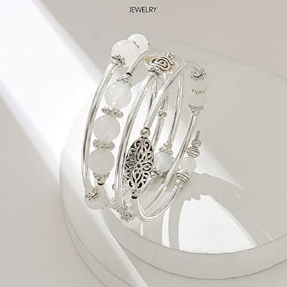 FULU AUTUMN Stackable Beaded Bracelets for Women Boho Wrap Silver Bracelet Layered Fashion Jewelry Gifts for Her - color: 17-White