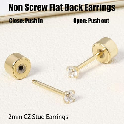 Threadless Flat Back Earrings, Hypoallergenic 14K Real Gold Plated CZ Stud Earrings | Cartilage Earring | Tragus Helix Piercing Jewelry | Push in Flatback Earrings for Women Men - color: 14K Gold, size: 2 Millimeters
