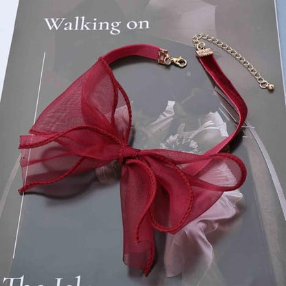 Boho Bow Lace Choker Necklaces Bow Ribbon Necklace Lace Bowknot Necklaces White Velvet Collar Necklace Big Bowtie Choker Cosplay Costume Christmas Halloween Jewelry for Women - color: Red