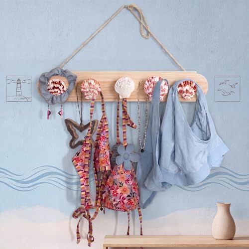 Novabright 16 Inch Bikini Hanger for Wall Seashell Bikini Rack Wall Mounted Swimsuit Organizer with Seashell Accents Coastal Swimwear Storage Rack for Beach Bathrooms Closets Vacation Homes - style: Minimalist Coastal