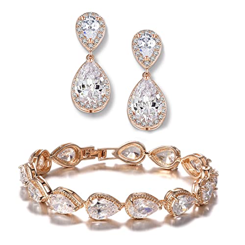 Bride Teardrop Earrings & Bracelet Wedding Jewelry Set, Cubic Zirconia Bridal Bridesmaid Party Formal Prom Gift - color: Rose Gold