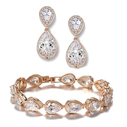 Bride Teardrop Earrings & Bracelet Wedding Jewelry Set, Cubic Zirconia Bridal Bridesmaid Party Formal Prom Gift - color: Rose Gold