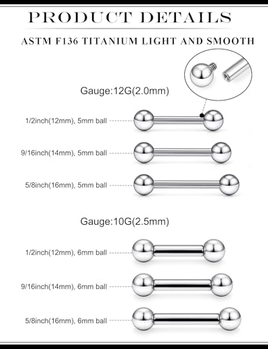 2G 4G 6G 8G 10G 12G 14G 16G Astm F136 Titanium Internally Threaded Nipple Tongue Rings Piercing Jewelry Industrial Straight Barbell Tongue Nipple Ring Bridge Piercing Jewelry For Women Men - size: 10 Gauge-16MM