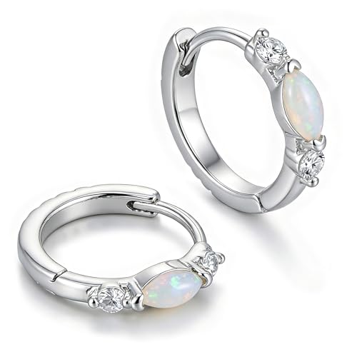 Gold Opal Huggie Earrings for Women, Minimalist Small Hoop Earrings with Zircons - color: silver