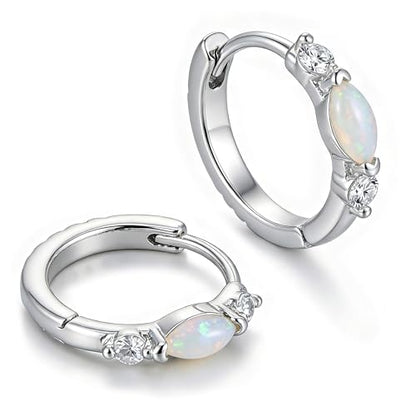 Gold Opal Huggie Earrings for Women, Minimalist Small Hoop Earrings with Zircons - color: silver