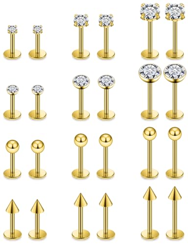 16G Flat Back Earrings Nose Studs 316L Surgical Steel Medusa Labret Monroe Lip Ring Tragus Forward Helix Conch Cartilage Lobe Earrings Stud Piercing Jewelry For Women Men 6MM 8MM 10MM - color: 14K Gold Filled, size: 16G-Ball / CZ / Crystal / Spike