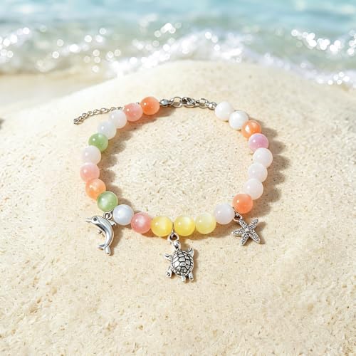 COLORFUL BLING Dopamine UV Reactive Color Changing Resin Beaded Anklet for Women Boho Starfish Seashell Turtle Dolphin Charm Foot Chain Summer Beach Vacation Jewelry - style: style 4