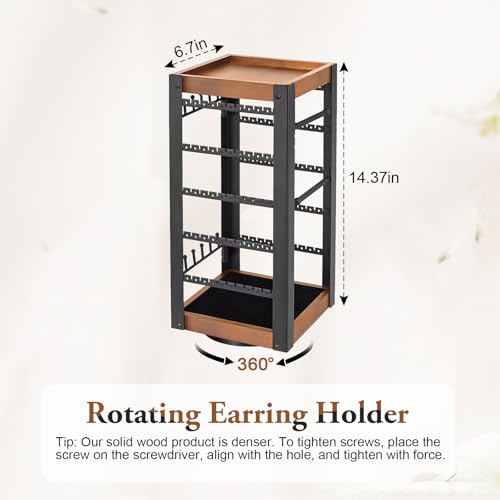 360° Rotating Jewelry Organizer, Earring Holder with Ring Tray & Hooks | Stores 200+ earrings, rings, necklaces and bracelets with a bamboo tray for perfume, lipstick and vanity essentials. - color: Black