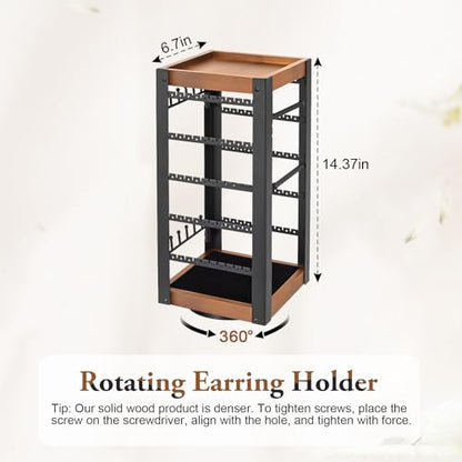 360° Rotating Jewelry Organizer, Earring Holder with Ring Tray & Hooks | Stores 200+ earrings, rings, necklaces and bracelets with a bamboo tray for perfume, lipstick and vanity essentials. - color: Black