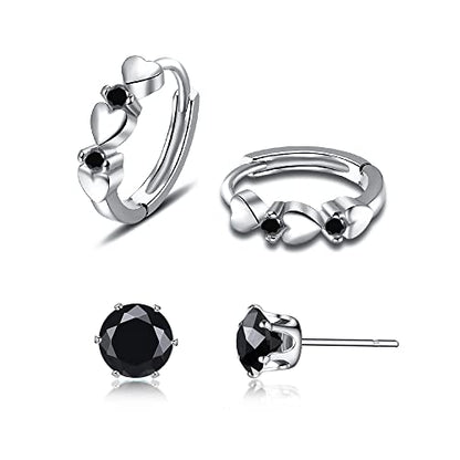 CiNily 14K White Gold Plated Small Hoop Earrings for Women Girls Heart Cubic Zirconia Hypoallergenic Earrings - color: Studs set-silver-black