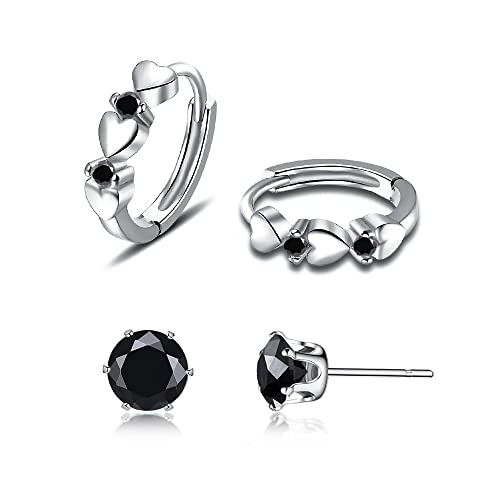 CiNily 14K White Gold Plated Small Hoop Earrings for Women Girls Heart Cubic Zirconia Hypoallergenic Earrings - color: Studs set-silver-black