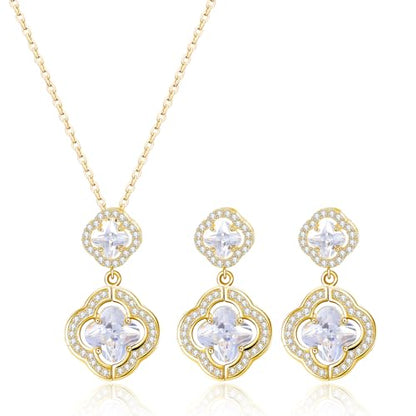 14K Gold Plated | 14K Platinum Plated Necklace for Women Necklace Earrings Set with Sparkling Zircon Inlay and Silver Post Earrings - color: Double floral necklace set silver