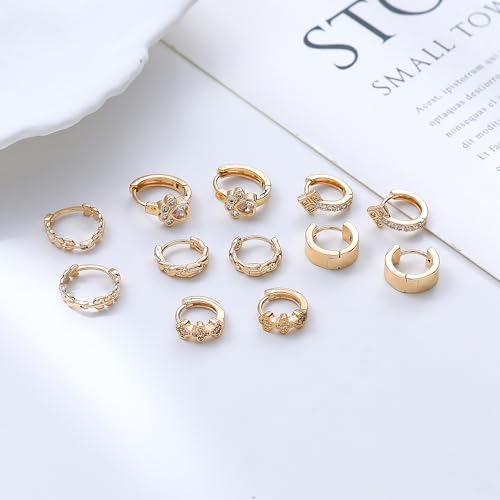 Wgoud Small Gold Hoop Earrings Set for Women, 6 Pairs 14K Gold Plated Hypoallergenic Lightweight Huggie Hoops Earrings, Trendy Cartilage Cubic Zirconia Earrings for Women Gifts. - color: D-Gold hoops
