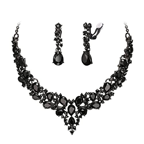Wedding Statement Necklace Clip-on Earrings Jewelry Set | Sparkling Austrian Crystal Teardrop Cluster for Party Prom Accessories - color: 02-Black Black-Tone