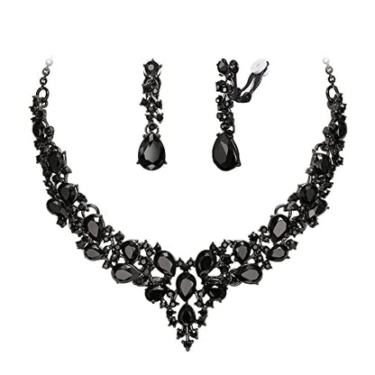 Wedding Statement Necklace Clip-on Earrings Jewelry Set | Sparkling Austrian Crystal Teardrop Cluster for Party Prom Accessories - color: 02-Black Black-Tone