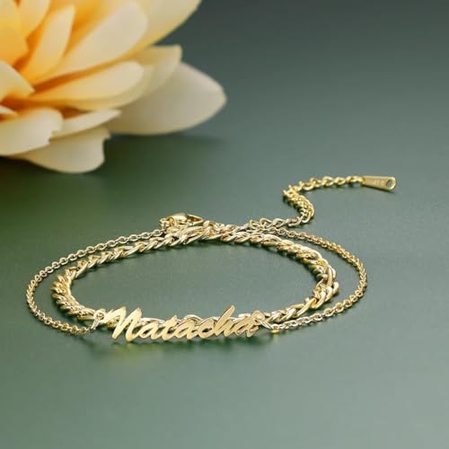 Custom Ankle for Women for Women 18K Gold Plated Adjustable Name Anklet Customized Beach Anklet Gifts - color: Name Anklet with Figaro Chain