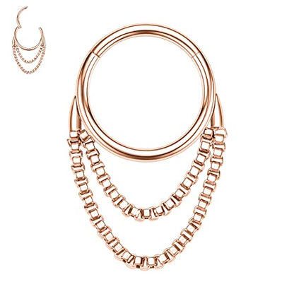 AROWRO Chain Septum Rings 316L Surgical Steel Septum Clicker Daith Piercing Jewelry Dangle Nose Rings for Women 16G 8/10mm Conch Cartilage Hoop Seamless Hinged Septum Jewelry with Clear CZ/Opal - color: Style-4-Rose gold double chains, size: 16G-8mm