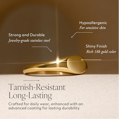 Gold Pinky Signet Rings for Women Men, Stackable Dainty Oval Heart Ring, Non-Tarnish Waterproof 18K Gold Plated Stainless Steel Size 3-11 - style: Slim Oval Signet Ring